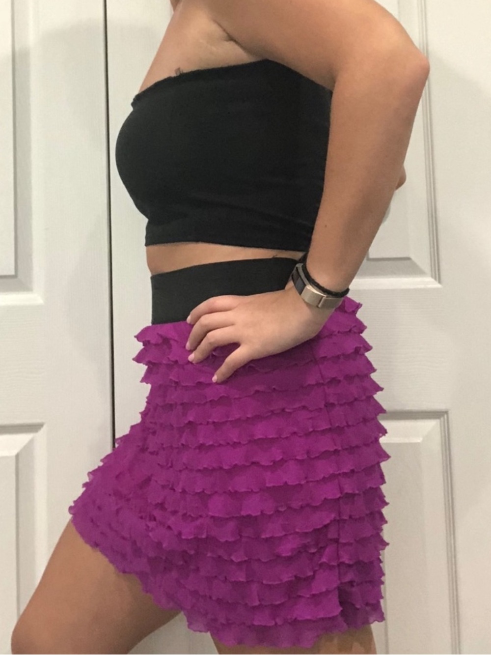 Free People Magenta Ruffle Mini Skirt with Black Waistband - Picture 2 of 2